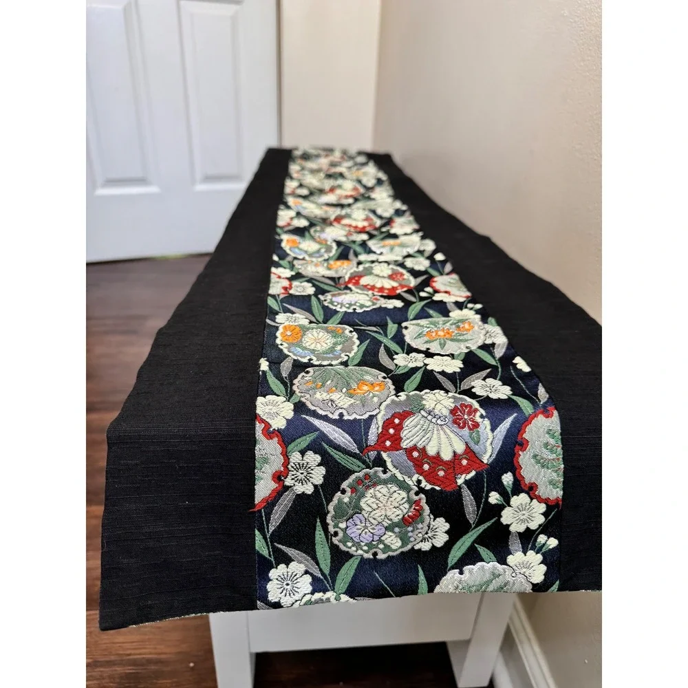 VTG Japanese Kimono Silk Brocade‎ Table Runner Black Navy Butterfly Floral 12x58